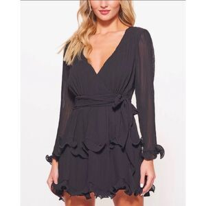 Selfie Leslie Womens Long Sleeve Tiered Ruffle Chiffon Mini Dress Size M Sheer
